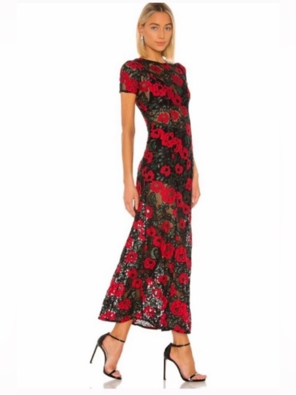 Lovers + friends Red and Black Floral Lace Maxi Dress